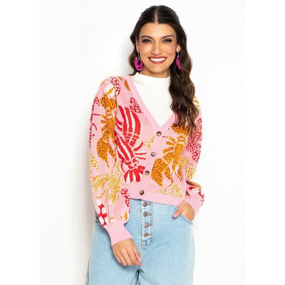 FARM RIO Lobster Crawfish Print Cardigan Sweater Pink Sz L $330 {EE3} - Picture 2 of 9